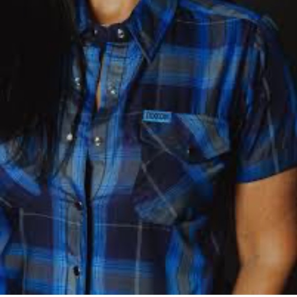 Dixxon Flannel Shirt Womens Sz M  Caicos Blue Black Plaid Short Sleeve Western - Picture 2 of 11